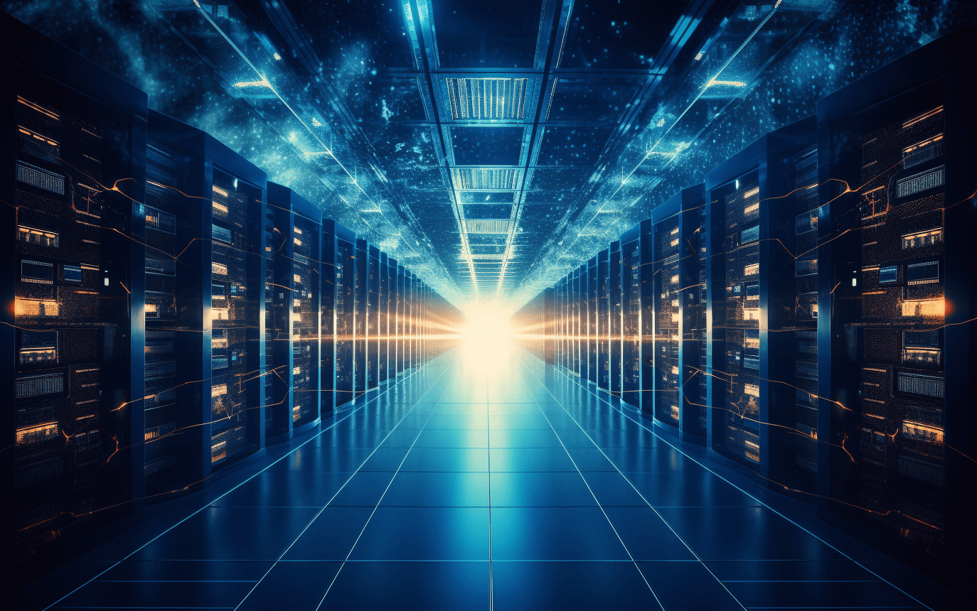Data Center with illuminating light at the center of the image