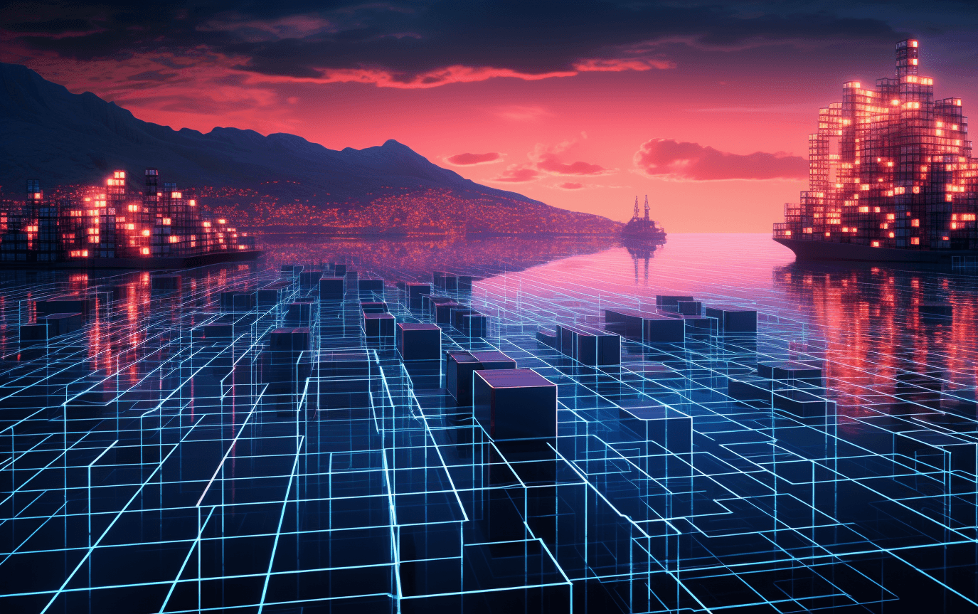 A modern harbour at sunset with with a neon-blue grid on the water symbolizing bytes